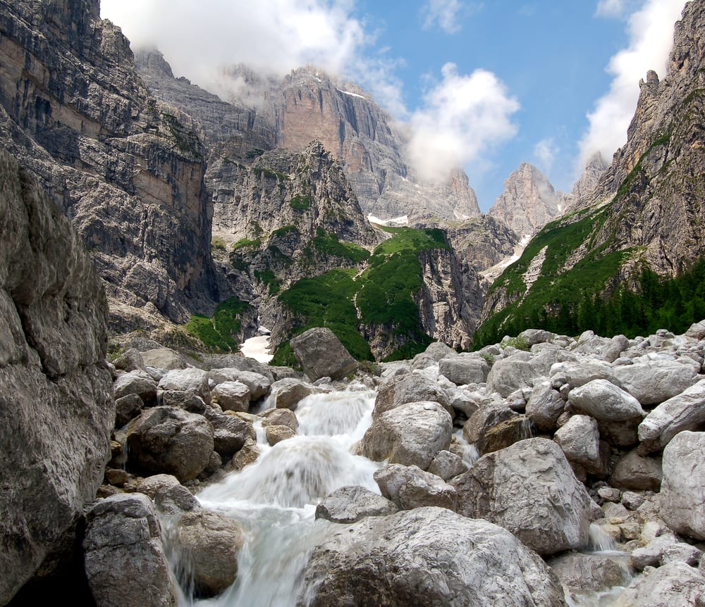 Trekking a pass in the Dolomites, Italy