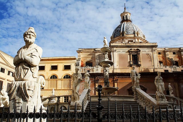 Piazza Pretoria is one of the central squares of Palermo, built near the 16th-century center of the city, the Quattro Canti. Go to check out the beautiful Fontana Pretoria. Photo by Dimitry B.