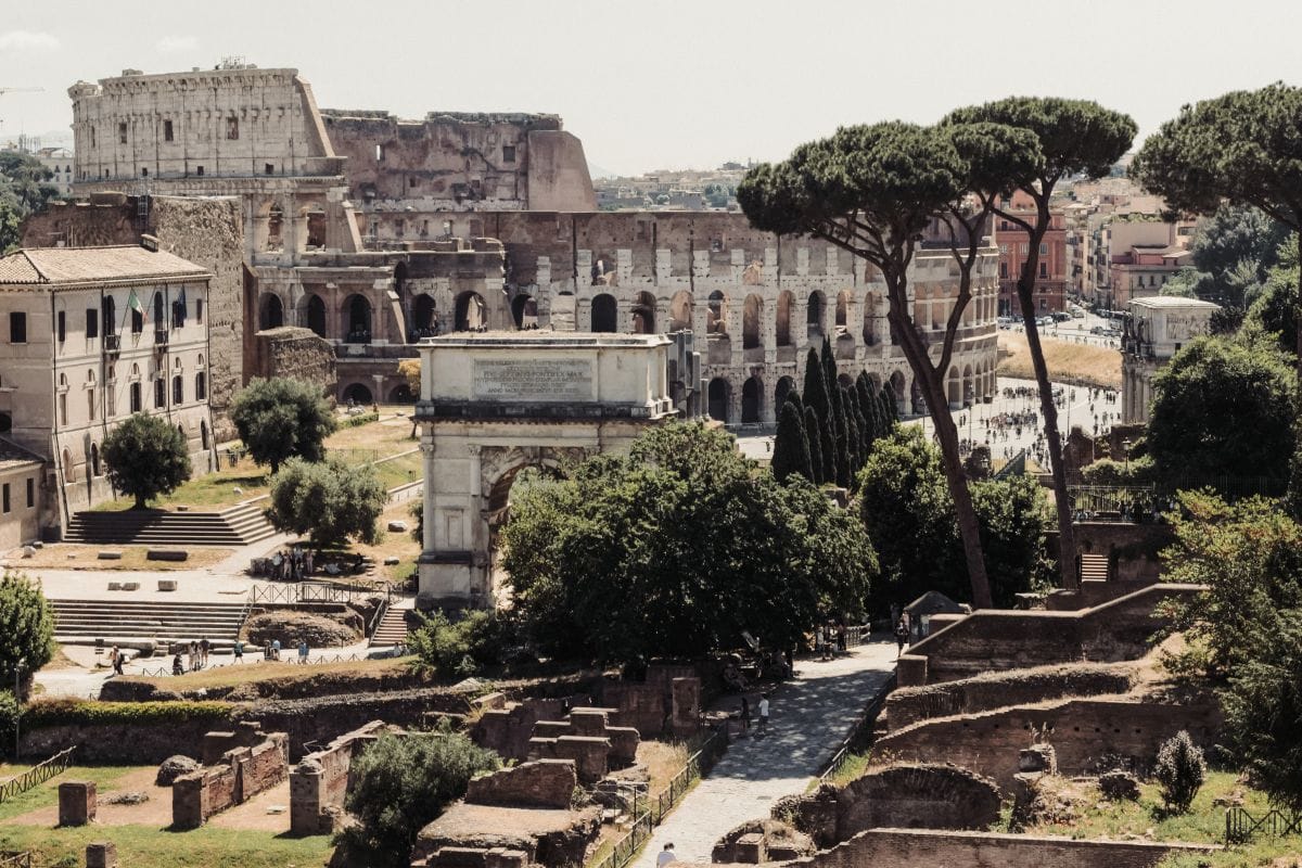 View of the Colosseum and other Roman ruins in Rome. 