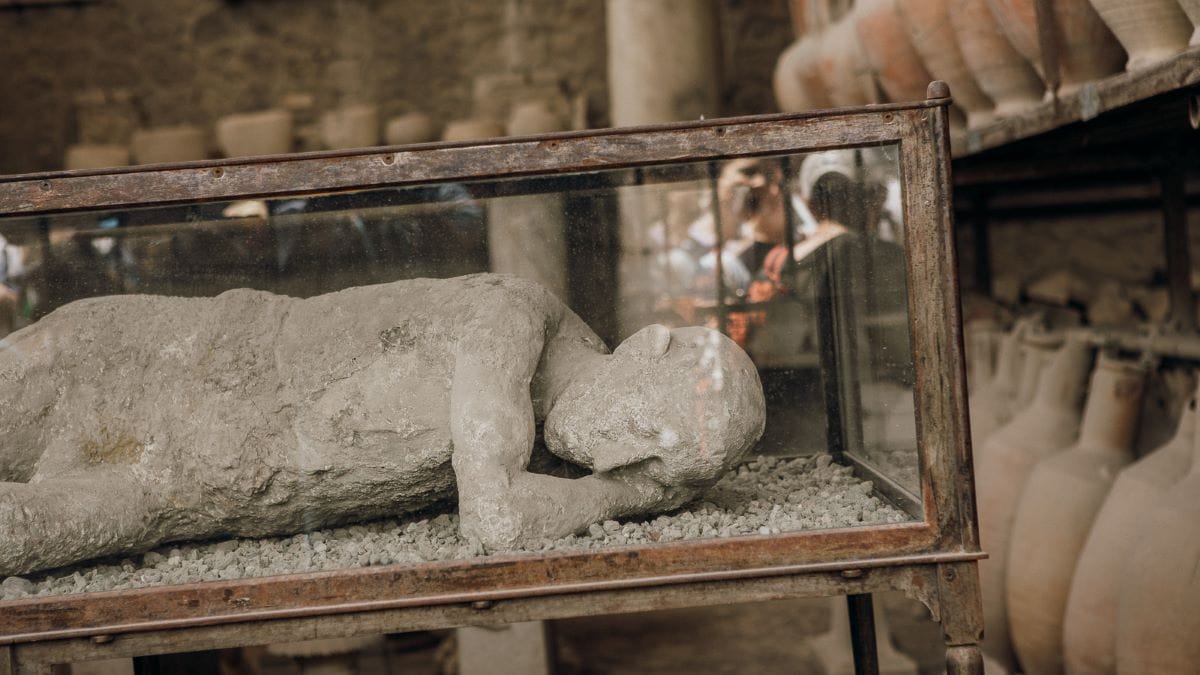 decomposed body from Pompeii in case