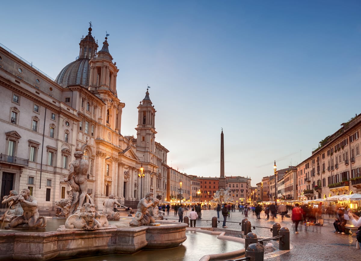 Fountain of the Four Rivers and the church of Sant'Agnese in Agone in Piazza Navona, Rome.