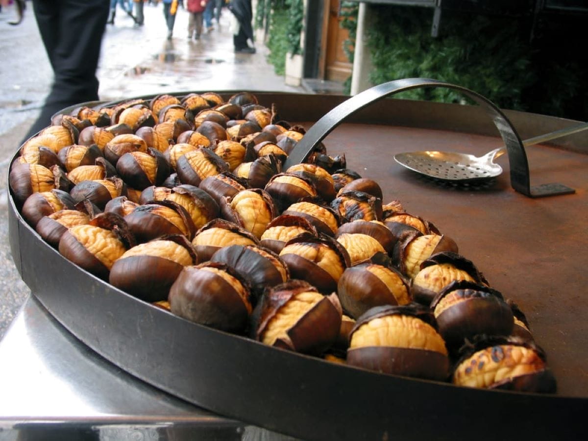 A pan of roasted chestnuts