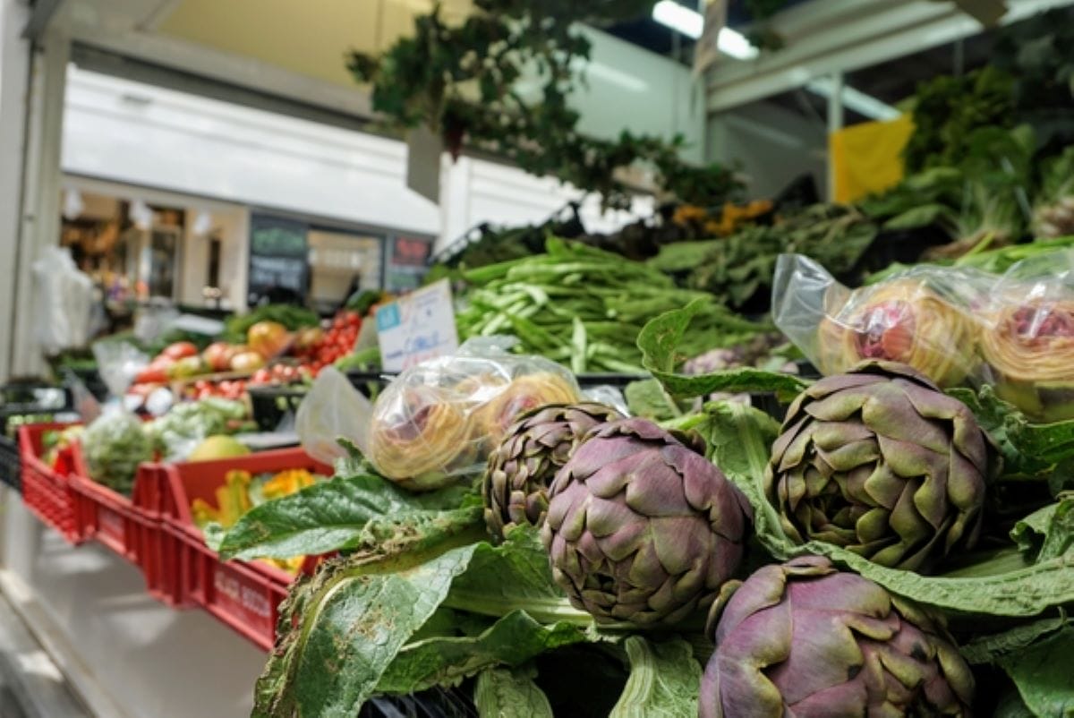 artichokes on display in market