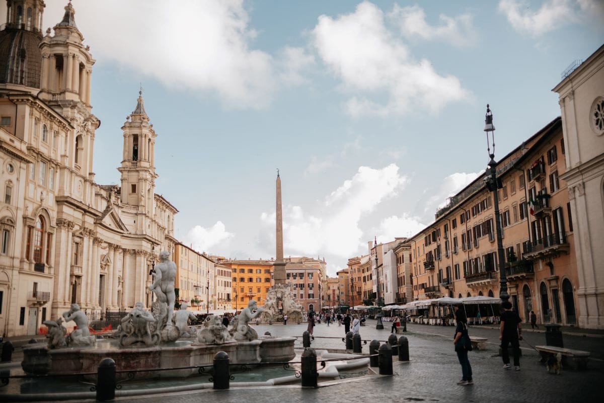 large public square with massive fountains