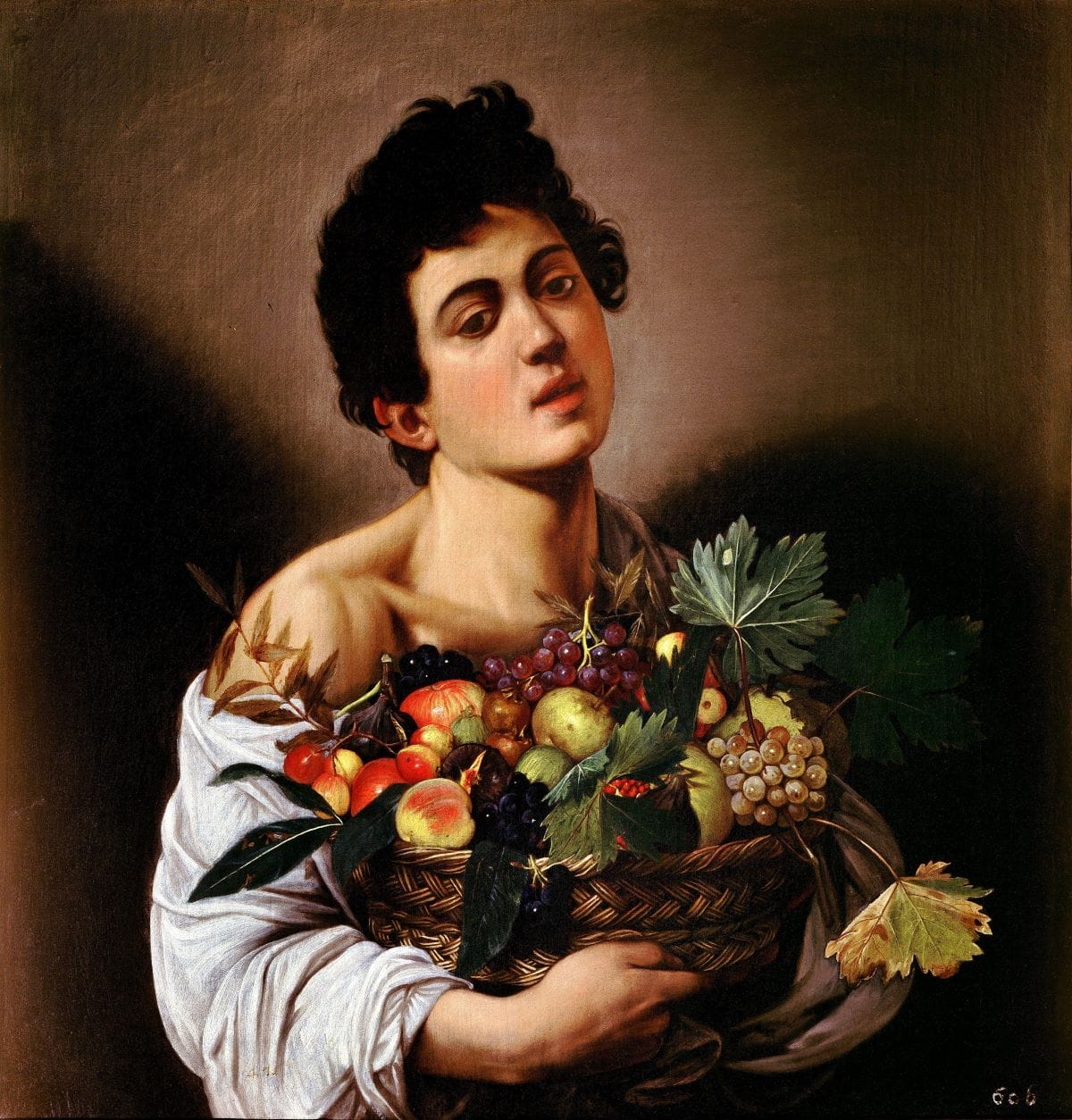 painting of a boy holding a basket of fruit