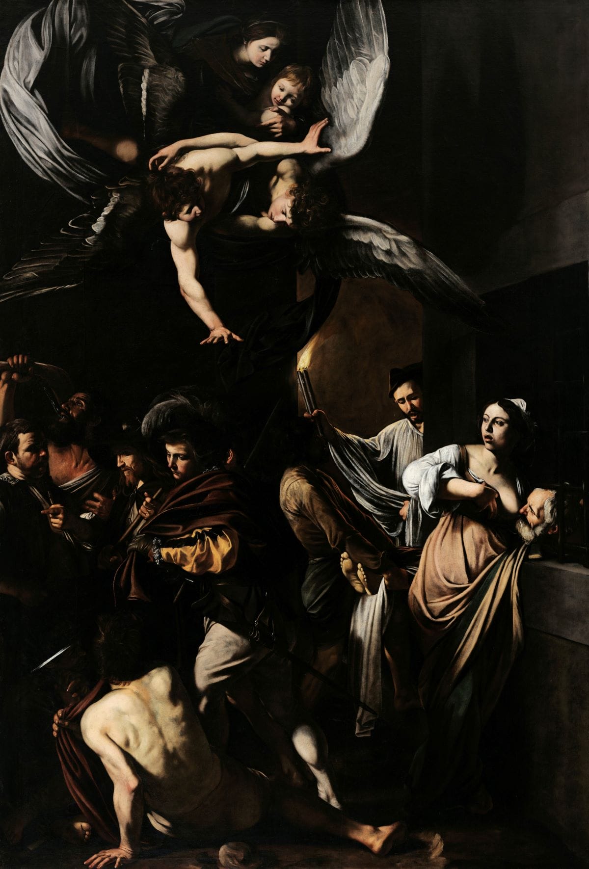 dark painting of an angel flying above many people