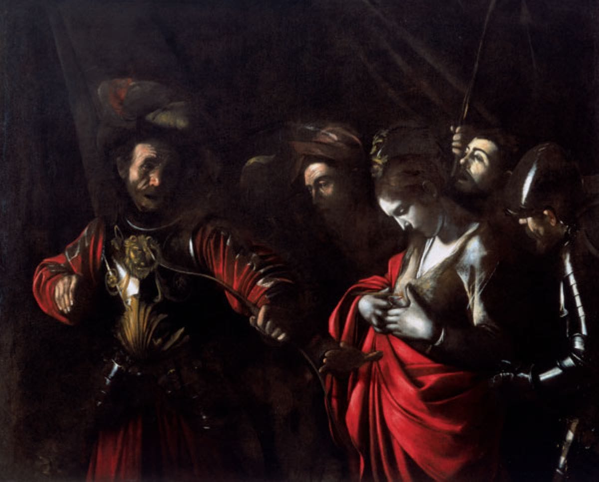 painting of a woman surrounded by men