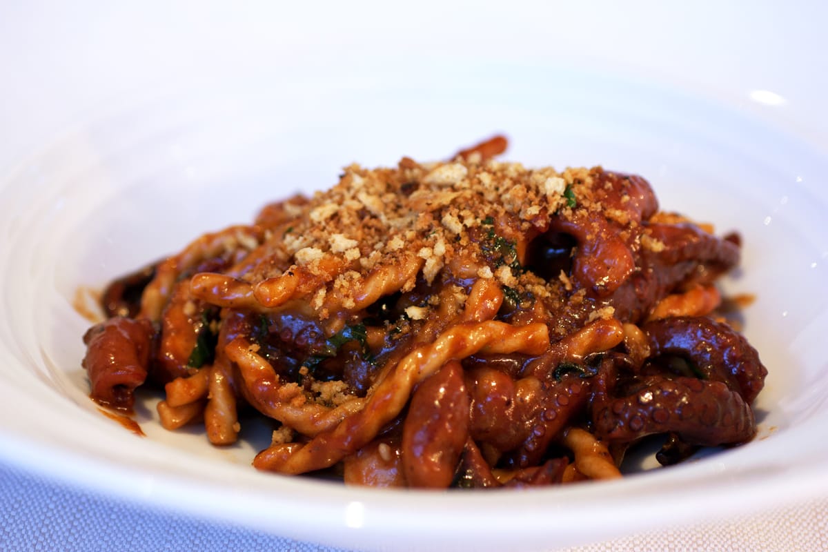 plate of fusilli pasta with red sauce