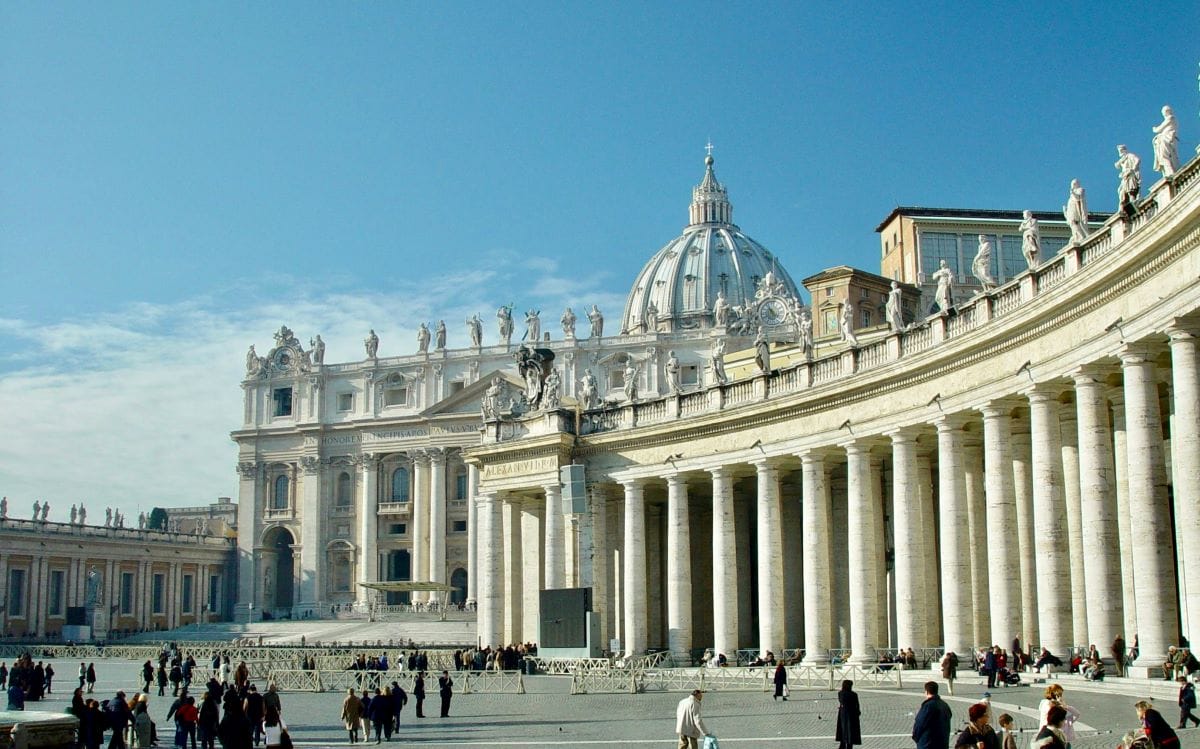 large public square surrounded with white columns.