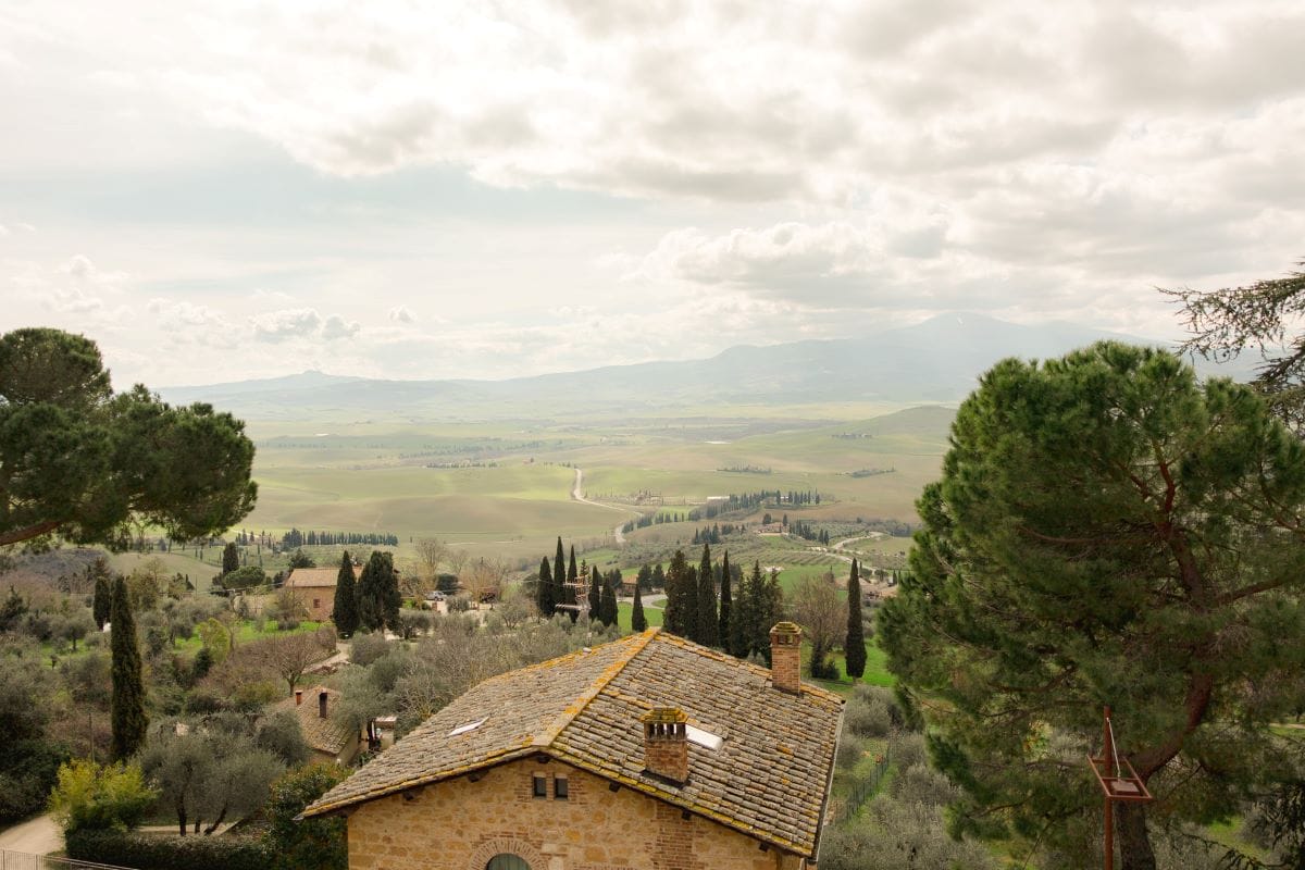 View of green mountains in a small village in Tuscany, Italy.